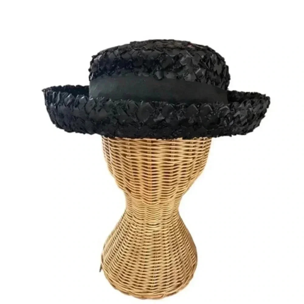 Vintage Womens 1950s Era Black Straw Hat